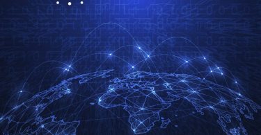 A digital visualisation shows blockchain network nodes connected by glowing lines.