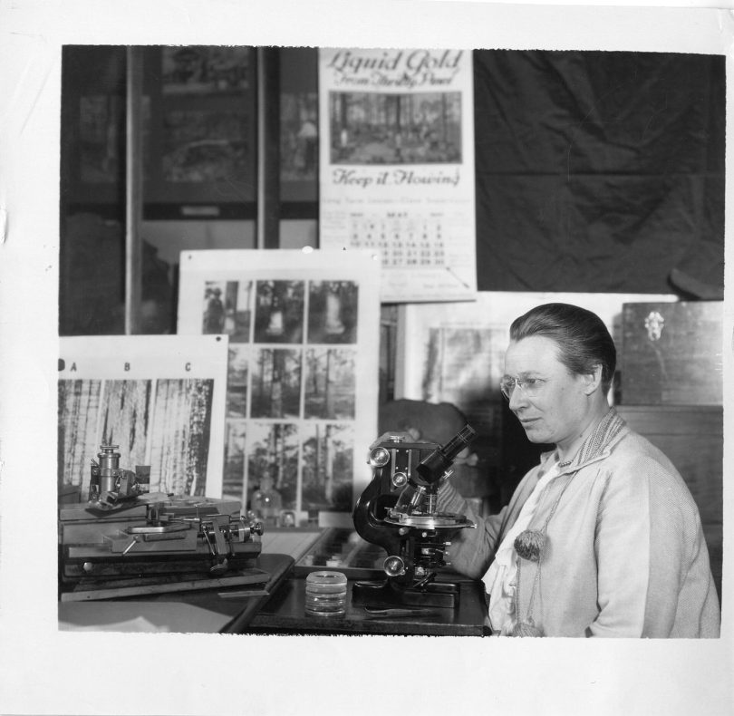 A scientist working with a microscope in a laboratory